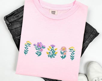 Comfort Colors® Wildflower Embroidered Shirt, Floral Shirt, Wild Flower Tshirt,  Summer Flower Shirt, Gift for Her