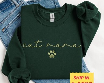 Personalized Cat Mama Sweatshirt Embroidered With Cat Name, Custom Cat Mom Hoodie Cute Cat Mommy Outfit Cat Owner Clothing Mother's Day Gift
