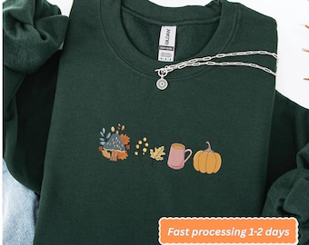 Fall Embroidered Sweatshirt – Cozy Autumn Mushroom Pumpkin Coffee Crewneck, Cute Fall Vibes Sweater, Pumpkin Spice Season Shirt