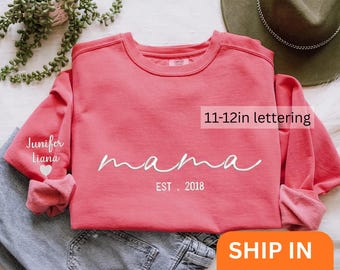 Custom Embroidered Mama Sweatshirt With Kids Names On Sleeve, Personalized Mom Embroidery Hoodie, Birthday Outfits, Baby Announcement