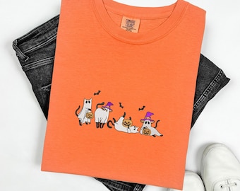 Halloween Cat Comfort Colors Tee Shirt Embroidered Ghost Cat Halloween Tshirt Funny Cute Spooky T-Shirt Fall Cozy Gift