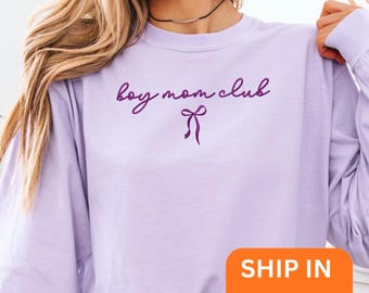 Boy Moms Club Comfort Colors Shirt Embroidered, Coquette Mom Tee, Mom of Boys Shirt, Mother's day Gift, Trendy Mama Shirt, Cute Mom Shirt