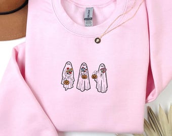 Halloween Ghost Embroidered Sweatshirt – Cute Ghosts with Pumpkin & Flowers, Fall Halloween Crewneck Sweater, Cozy Autumn Shirt