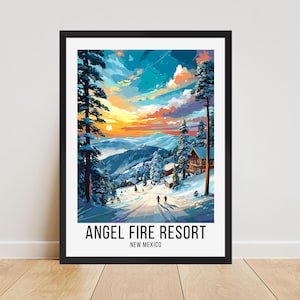 May include: A framed art print of a winter landscape with the text "ANGEL FIRE RESORT NEW MEXICO". The artwork depicts a snowy mountain scene with skiers, trees, and a sunset.