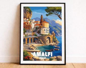 Amalfi Coast Travel Print, Italian Seaside Wall Art, Mediterranean Home Decor