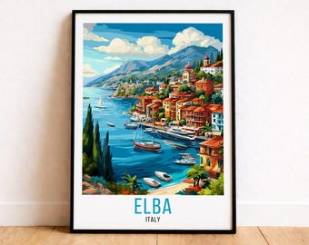 Póster de viaje de Elba, Italia, arte mural de la costa toscana, lámina de isla mediterránea