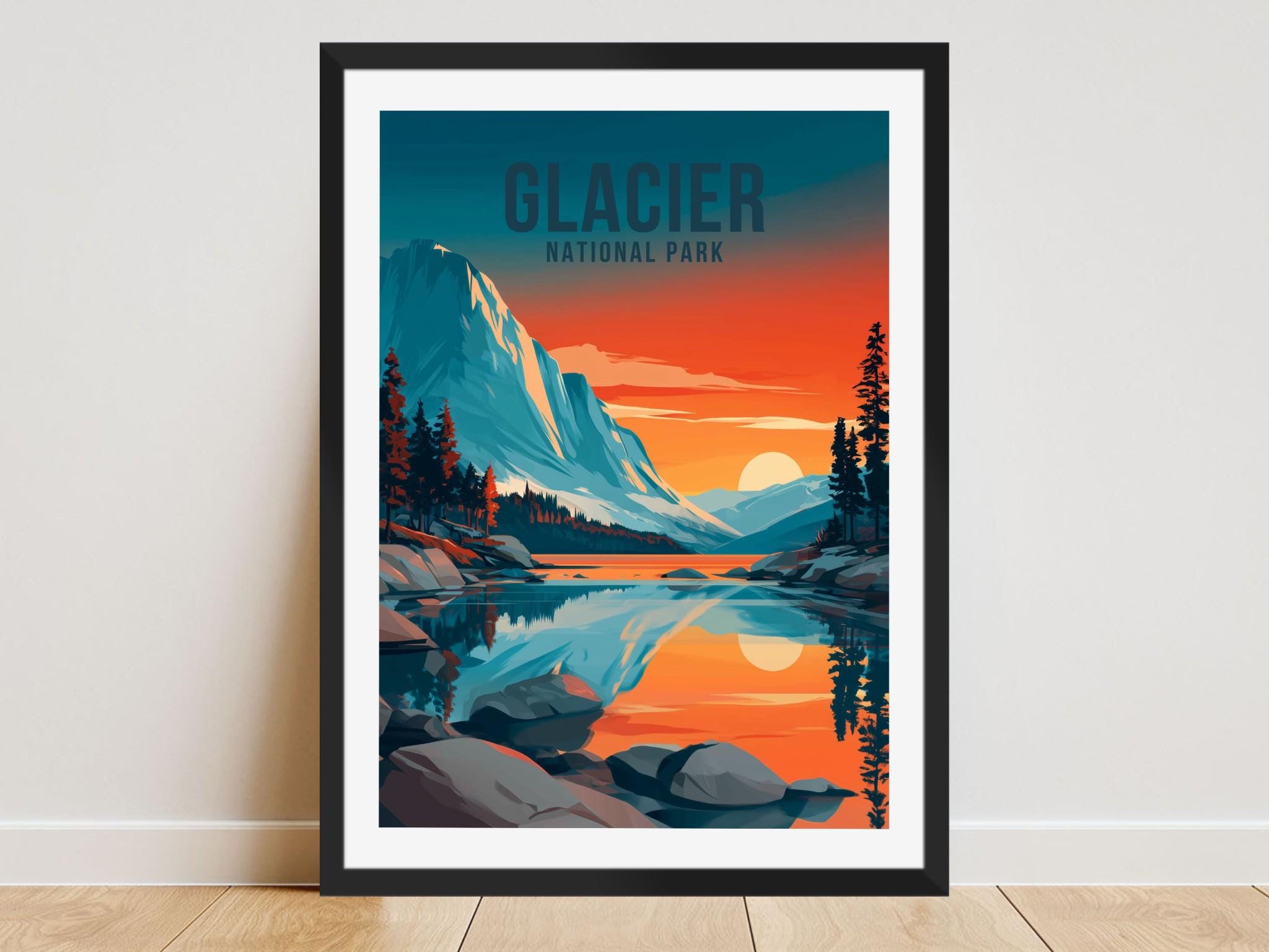 Poster de voyage sur les glaciers, impression de voyage sur les glaciers, art mural Glacier Montana, impressions d'oeuvres d'art Glacier Montana, affi