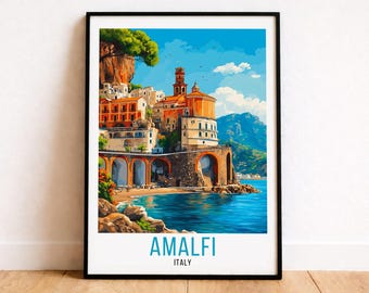 Amalfi Coast Travel Print, Italian Seaside Wall Art, Mediterranean Home Decor