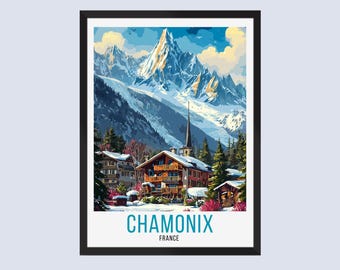 Może przedstawiać: Oprawiony wydruk artystyczny przedstawiający kolorową ilustrację Chamonix we Francji. Obraz przedstawia ośnieżone góry, wioskę z drewnianymi budynkami i napis "CHAMONIX FRANCE" w kolorze turkusowym.