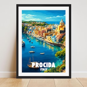 May include: A framed art print of Procida, Italy, showing a vibrant coastal scene. The image features colorful buildings, boats on the blue sea, and the words "PROCIDA" and "ITALY" in white text at the bottom.
