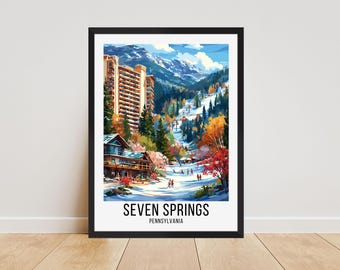 Könnte beinhalten: Ein gerahmter Kunstdruck von Seven Springs, Pennsylvania. Das Bild im Aquarellstil zeigt ein Skigebiet mit schneebedeckten Pisten, hohen Gebäuden und farbenfrohem Herbstlaub. Der Text "SEVEN SPRINGS" und "PENNSYLVANIA" befindet sich unten.