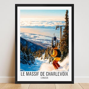 May include: Framed print of a skier on a snowy mountain slope. The image features a person in a yellow jacket and orange trousers skiing down a mountain. The text "LE MASSIF DE CHARLEVOIX CANADA" is at the bottom. A ski lift is visible.
