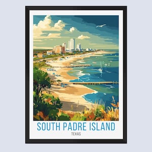 May include: A framed art print of South Padre Island, Texas. The illustration depicts a beach scene with buildings, boats, and a pier. The sky is blue with white clouds, and the text "SOUTH PADRE ISLAND TEXAS" is at the bottom.