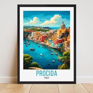 May include: A framed art print of Procida, Italy, featuring colorful buildings along a harbor with boats. The artwork has a vibrant, painterly style, with a bright blue sky and water. The text "PROCIDA ITALY" is at the bottom.