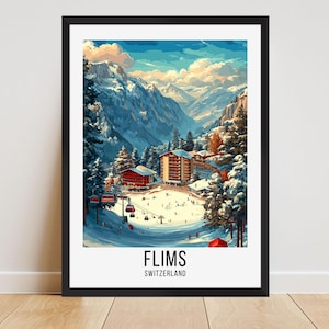 May include: A framed print showing a winter scene in Flims, Switzerland. The image features snow-covered mountains, fir trees, and buildings. A ski lift and skiers are visible. The text "FLIMS SWITZERLAND" is at the bottom of the print.