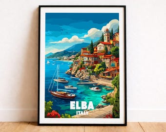 Póster de viaje de Elba, Italia, arte mural de la costa toscana, lámina de isla mediterránea