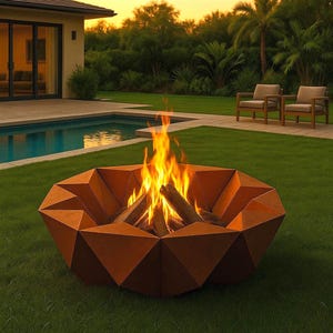 May include: A geometric, rusty-orange fire pit with a burning fire, set on a green lawn. The fire pit has a unique, angular design. The background includes a swimming pool, a house, and two chairs.