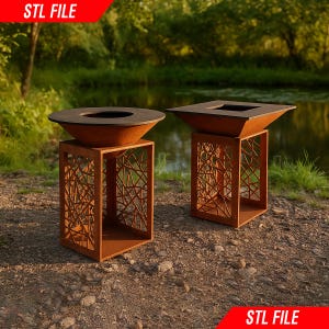 Può includere: Due bracieri in metallo marrone arrugginito con intagli geometrici. Uno è rotondo, l'altro quadrato, entrambi su supporti traforati abbinati. I supporti hanno un design a forma di ramo d'albero. Il testo "STL FILE" è in alto a sinistra e in basso a destra.