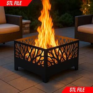 Może przedstawiać: Kwadratowy, czarny metalowy palenisko z dekoracyjnym wzorem gałęzi drzew. Palenisko jest wypełnione płonącym drewnem, wytwarzającym jasne pomarańczowe płomienie. Tekst "STL FILE" jest w kolorze czerwonym.