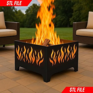 Może przedstawiać: Czarny, kwadratowy palenisko z wycięciami w kształcie płomieni. Palenisko jest wypełnione płonącym drewnem, wytwarzającym jasnopomarańczowe płomienie. Tekst "STL FILE" znajduje się w lewym górnym i prawym dolnym rogu.