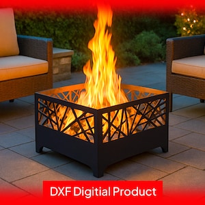 Pode incluir: Uma lareira quadrada de metal preto com um design geométrico, cheia de madeira a arder e chamas laranja brilhantes. A lareira está num pátio com mobiliário de exterior no fundo. O texto "DXF Digital Product" está na parte inferior.