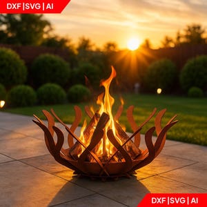 May include: A decorative, rusty-brown metal fire pit with a stylized flame design, filled with burning wood. The flames are bright orange and yellow. The fire pit is on a tiled surface, with a blurred green lawn and sunset in the background.