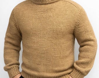 Pull en laine camel pour homme – Pull tricoté main – Pull d'hiver douillet – Maille minimaliste