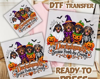 Może przedstawiać: Arkusz transferowy DTF przedstawiający cztery jamniki w kostiumach na Halloween: ducha, czarownicę, dynię i szkielet. Wzór zawiera pomarańczowe dynie, pajęczyny, nietoperze oraz napis "Dachshunds Because People Are Creepy" w kolorze pomarańczowym i czarnym.
