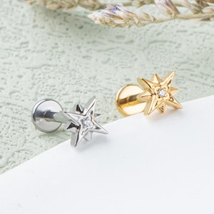 Tiny Starburst Stud Earrings, Titanium Starburst Threadless Push Pin Labret, Cz Star Flat Back Stud, Star Earrings, Sunburst Earrings