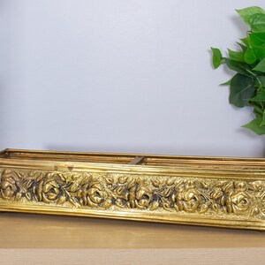 Vintage Ornate Brass Planter Box Embossed Rose Floral Design Long Rectangular Trough Aged Patina Decor