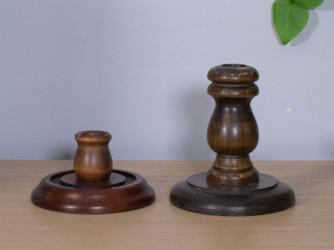 Vintage Mismatched Wood Candlestick Pair Turned Baluster Taper Holders ...