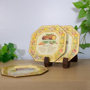 Set of 3 Vintage Recipe Plates with Fruit Border Featuring Bûche de Noël Plum Pudding and Blueberry Nut Bread Kitchen Wall Decor