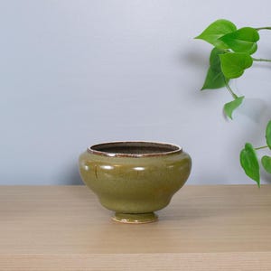 May include: A round, olive-green ceramic planter with a wide opening and a small, rounded base. The interior rim is a darker brown. The planter sits on a light-colored wooden surface, with green leafy plants in the background.