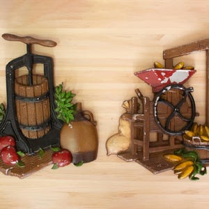 Vtg HOMCO Country Kitchen Wall Plaques Set of 2 Apple Cider Press & Corn Mill Farmhouse Wall Art Retro 70s Metal Decor Rustic Kitchen