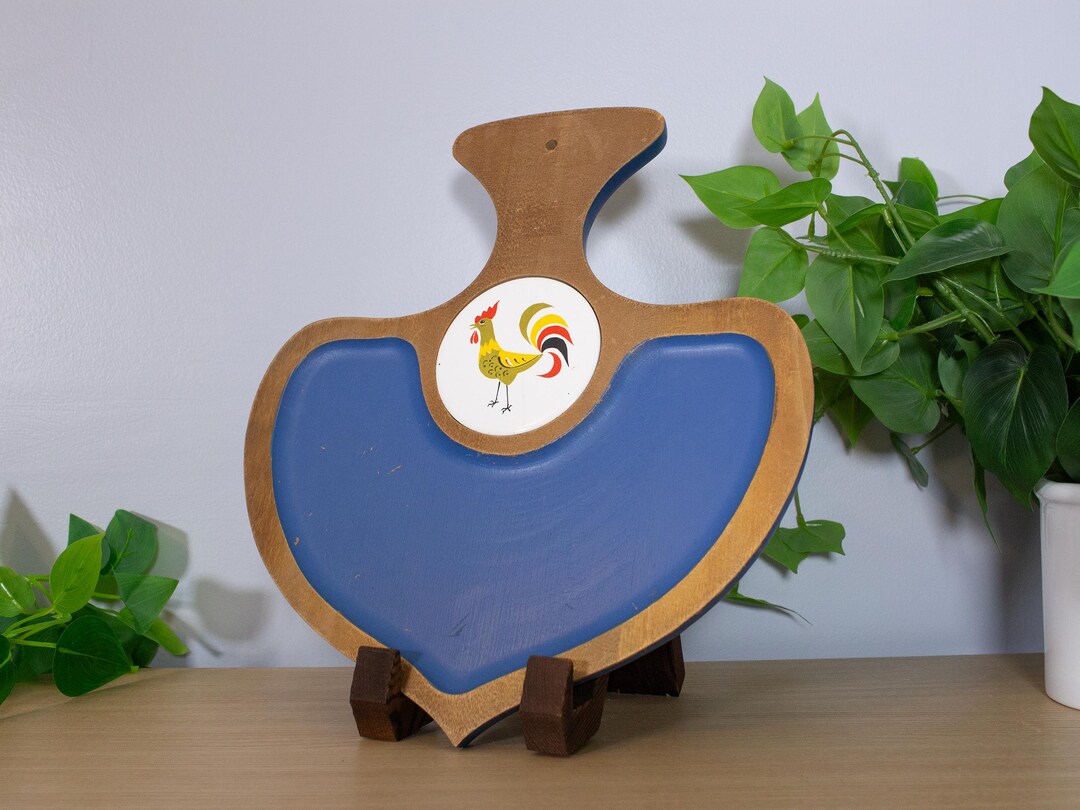 Rooster Inlay Vintage Rooster Rustic Serving Tray | FLAW | Blue Painted Wood and ...