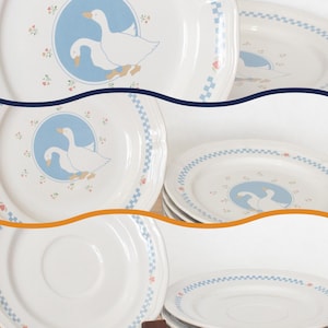 Vtg 18 Piece Moonlight Goose Dinnerware Set Cottagecore Farmhouse Plates Collection 1980s Pastel Blue Pink Gingham Country Kitchen Decor