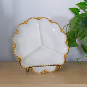 Vintage Milk Glass Divided Dish, Gold Gilt Scalloped Edge, Three Section Serving Tray, Chateaucore Relish Dish