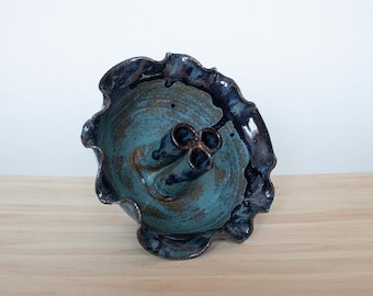 Studio Pottery Flower Frog Bowl Signed 2003 Blue Green Ceramic Vase with Ruffled Edge | Handmade Ikebana Style Frog Rustic Floral Display