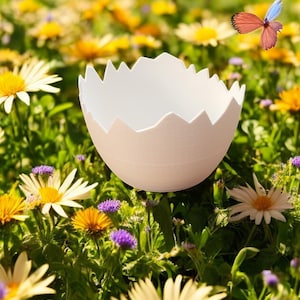 Pode incluir: Uma casca de ovo branca está em um campo de margaridas amarelas e brancas com borboletas azuis e laranja voando acima.