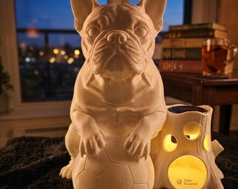 Dekorativ hund med sollampa - 3D-utskriven trädgårdsfigur - väderbeständig - utomhusträdgårdsdekoration LED - presentidé för hundälskare - 24 cm PETG