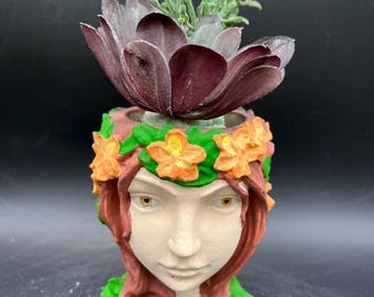 Floral Face Planter: Small Pen Holder cast stone. Brown Hair