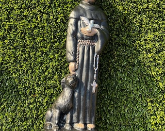 Estatua de San Francisco en piedra fundida - 35,5 cm (14 pulgadas). Patrono de los animales. Decoración pintada.