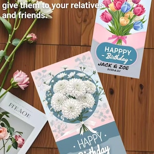 Cartão de aniversário com tulipas e crisântemos | Saudação floral personalizada para impressão | Download digital | Nome e data editáveis | Cartão de aniversário exclusivo