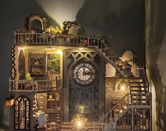 Cabaña Mágica de Harry, estantería en miniatura con temática de mago, kit de rincón de libros con luces LED, rompecabezas, rincón de libros con luces apagadas