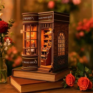 May include: A miniature wooden model of a wand shop, with the text "C WAND SHOP" and "MAGIO WAND SHOP". The shop has a brick facade, arched windows, and is illuminated from within. It sits atop two stacked books, with roses in the foreground.