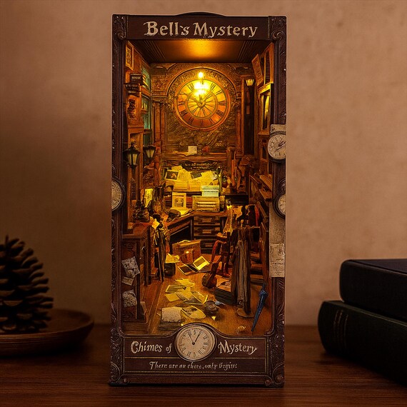 Bells and Mysteries - DIY Book Nook Kit, Cozy Gift, Bookshelf Insert Miniature DIY, Bookends Bookworm Scenery, Diorama, Best Gift