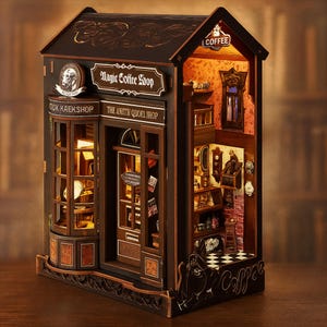 Puede incluir: Maqueta de madera en miniatura de una Magic Coffee Shop con detalles intrincados. La fachada presenta letreros, incluyendo "Magic Coffee Shop", y nombres de tiendas. El interior es visible, mostrando estanterías, relojes y un suelo a cuadros. El modelo está iluminado.