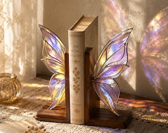 Gebrandschilderd glas vlinders boekensteunen met eiken basis, boekenplankdecor vlindervleugel, Cottagecore-bureaudecor Cadeau voor boekenliefhebberTiffany-vakmanschap