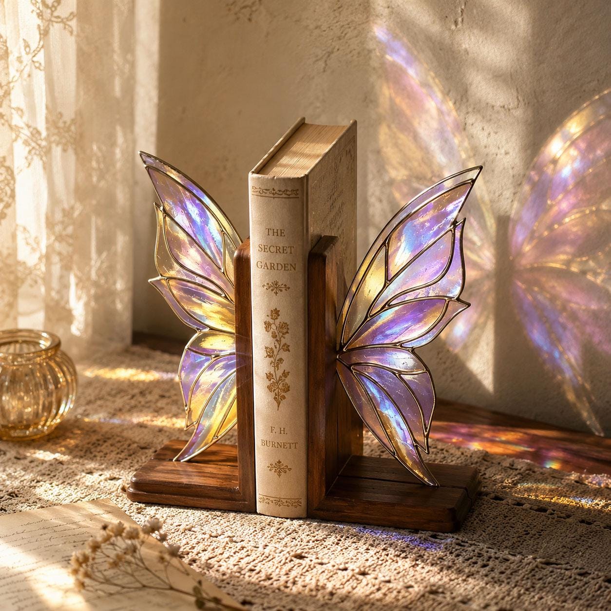 iridescent stained glass bookend mirror orientation showing shine direction