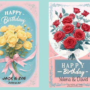 Cartão de aniversário personalizado com rosas | Cartão floral para impressão | Download digital | Nome e data editáveis | Design romântico de rosas